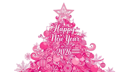 Stylish pink Christmas tree graphic design with "Happy New Year 2026" for celebration banner isolated PNG with Transparent Background