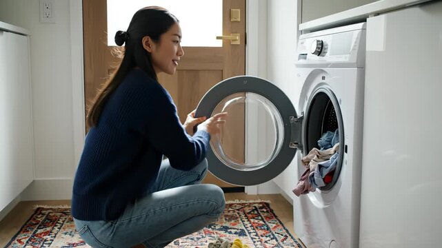 Woman loading clothes into washing machine