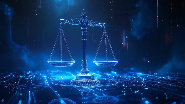 青い光の中で天秤が浮かび上がる法と正義を象徴するデジタルイメージ