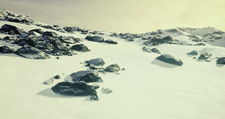 snow covered rocks under pale sky, geologist survey in remote arctic plain with scattered boulders and low angled sunlight, textured snowfields showing © icetray
