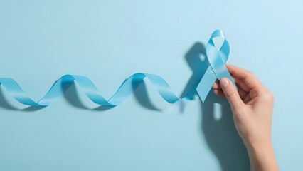 A hand holding a light blue paper streamer against a pale blue wall