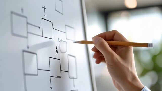 ホワイトボードに図を描きながら考えを整理するビジネスシーンの一瞬
