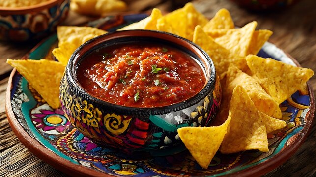 Close-up of salsa and tortilla chips in a vibrant, decorative ceramic bowl and plate