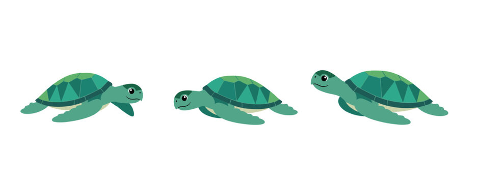 Three cute sea turtles swimming in different poses vector illustration, flat cartoon marine animal character set isolated on white background