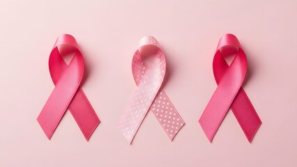 Three pink ribbons symbolizing breast cancer awareness on a soft pink background