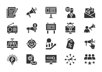 Advertisement thin glyph icon set. Containing copywriting, megaphone, ad campaign, billboard, storytelling