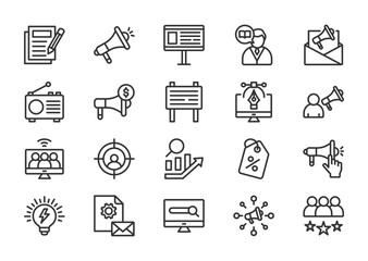 Advertisement thin line icon set. Containing copywriting, megaphone, ad campaign, billboard, storytelling