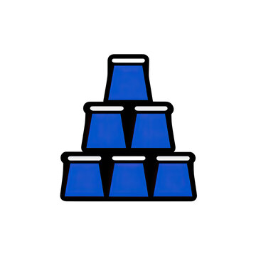 A triangular stack of blue objects with white outlines set against a stark black background