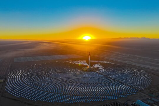 Gansu Solar Thermal Power Station at Sunrise - Aerial Desert View