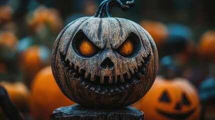 A carved wooden jack-o'-lantern with a menacing expression, surrounded by other jack-o'-lanterns in a forest setting.