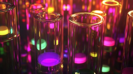 Close up of clear glass tubes filled with glowing colored liquid in a vibrant abstract pattern