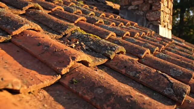 Weathered terracotta roof tiles covered in moss and lichen, bathed in golden sunlight
