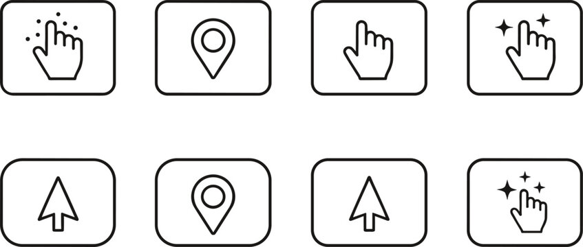 Minimal UI icon vector set featuring cursor arrows, hand pointers, touch gestures, and location markers in clean outline style
