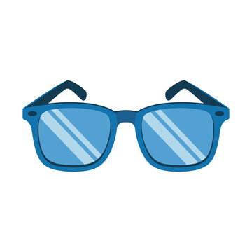 Blue sunglasses with diagonal reflections on lenses eyewear fashion accessory blue frames vector illustration isolated on white background.