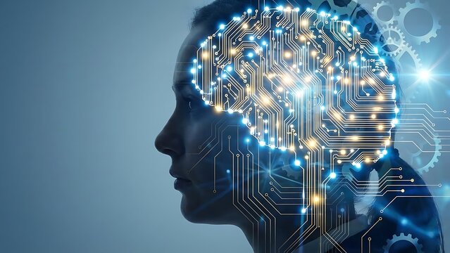A woman's profile with a digital brain representing artificial intelligence and innovation. The brain glows with intricate circuitry, symbolizing the power of human intellect and technology - Powered by Adobe