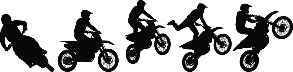PrintBlack silhouettes of motocross riders performing stunts, jumping, wheelie, racing, and dirt bike freestyle tricks isolated on white background, sport. © Creatives World