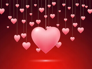 A whimsical display of floating hearts against a rich red background