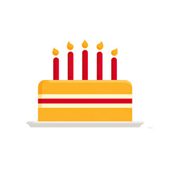 A cartoon-style yellow cake with five red candles on top, placed on a silver platter