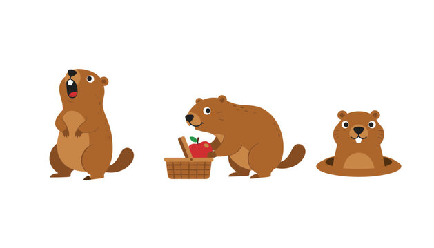 Adorable woodchuck or groundhog character collection showing different poses screaming having a picnic with apple and peeking from a hole