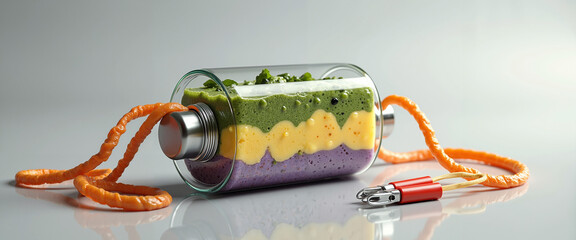 Colorful smoothie layered in a glass jar with decorative cord for Veganuary  