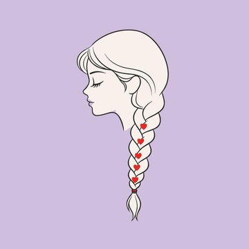 Beautiful profile of a young girl with long blonde hair braid decorated with red hearts for Valentines day and romantic beauty concept