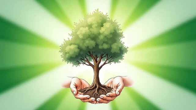Human hands with caring mood holding green tree symbolizing growth and environmental protection