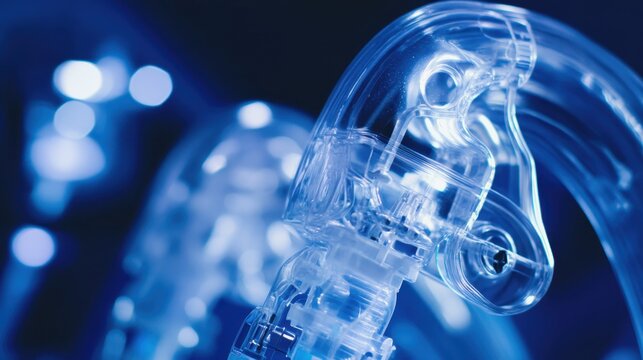 Close up of clear medical ventilator tubing and components with blue lighting in a sterile environment