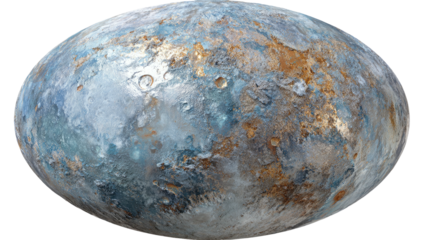Orbital body; a textured sphere displaying blue, brown, and gray hues, with craters