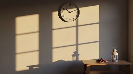 Ramadan wall clock and lantern illuminated by warm sunlight casting shadows on the wall