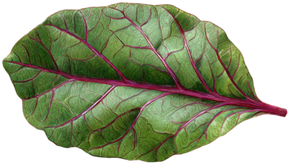 Close-up of a vibrant, digitally enhanced leaf with red veins against a transparent background