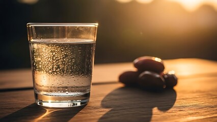 A refreshing glass of water and dates, perfect for breaking the fast during Ramadan, highlighting the importance of hydration and nourishment