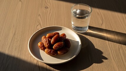 A plate of dates and a glass of water on a wooden table, representing suhoor during Ramadan