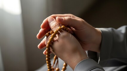 Hands delicately clasping traditional prayer beads, symbolizing deep spiritual devotion and mindful contemplation during the sacred observance of Ramadan