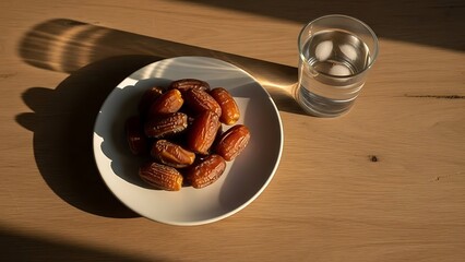 A refreshing glass of water and a plate of delicious dates, symbolizing the traditional breaking of fast during ramadan, offering essential nourishment and hydration after a day of fasting