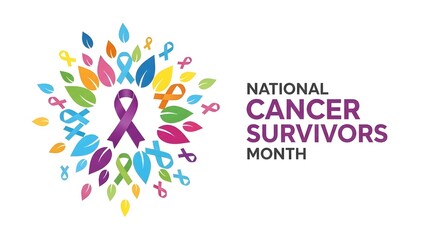 National cancer survivors month awareness illustration with colorful ribbons and floral elements