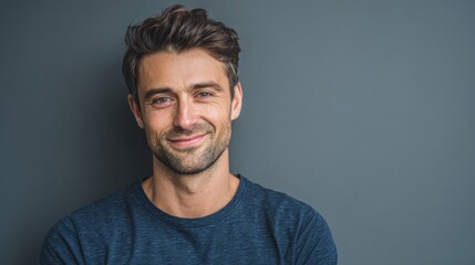 Fototapeta premium Young professional man, early 30s, natural and approachable appearance, smiling warmly, realistic photography style 