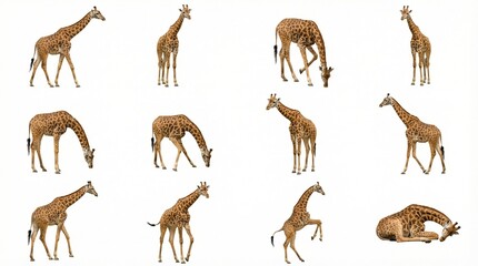 Multiple giraffes in various poses on white background  