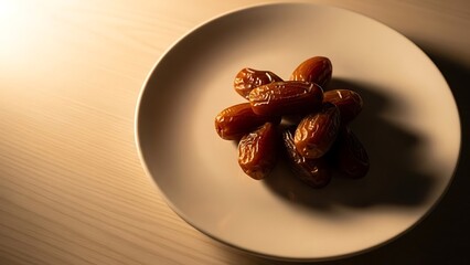 A small cluster of sweet dates on a pristine white plate, traditionally consumed to break the daily fast during the holy month of Ramadan, a symbol of sustenance and blessing