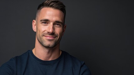 Fototapeta premium Young professional man, early 30s, natural and approachable appearance, smiling warmly, realistic photography style 
