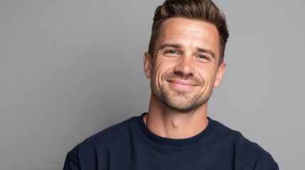 Naklejka premium Young professional man, early 30s, natural and approachable appearance, smiling warmly, realistic photography style 