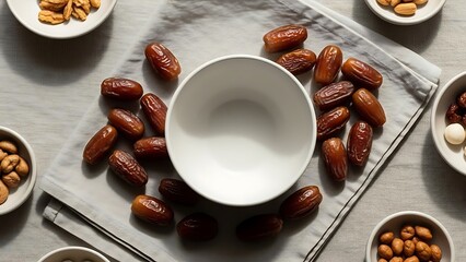 Nutritious dates and assorted nuts on a linen cloth with a bowl, perfect for breaking the fast during Ramadan, offering a healthy and traditional snack