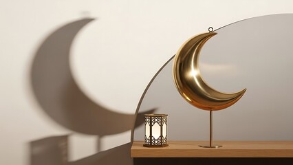 A beautiful golden crescent moon and a delicate lantern create a peaceful scene, evoking the reflective and celebratory mood of the holy month of Ramadan