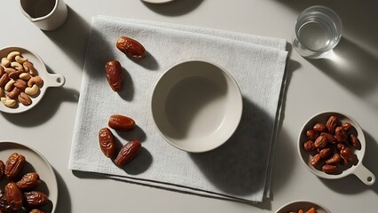 Mindful Ramadan Eating A serene overhead view of an empty bowl, fresh dates, assorted nuts, and refreshing water, symbolizing blessed suhoor or iftar preparations