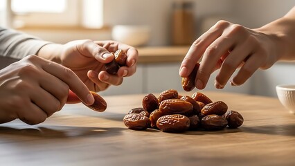 Sharing traditional sweet dates, a significant part of the Iftar meal during the holy month of Ramadan, symbolizing sustenance, tradition, and togetherness