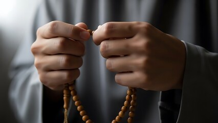 Dedicated hands devoutly counting prayer beads, a symbol of profound spiritual devotion and quiet reflection during the holy month of Ramadan, an act of faith