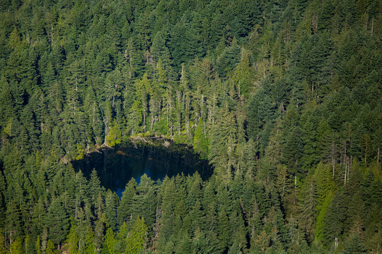 Twin Lakes in Moran State Park, Orcas Island, aerial view.