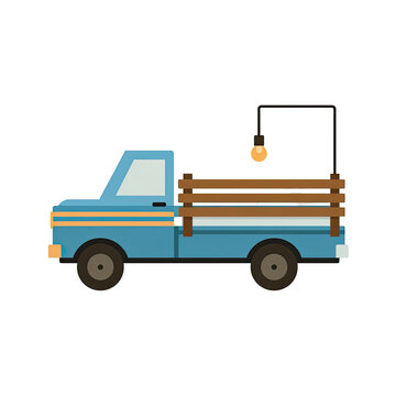 A stylized light blue pickup truck with a brown bed and a light on a stand