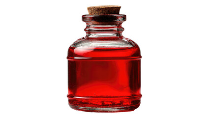 A small, glass bottle with a cork stopper, filled with a vibrant red liquid, against black