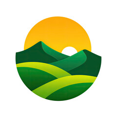 A vibrant, stylized illustration showing hills, sun, and gradients within a circular frame