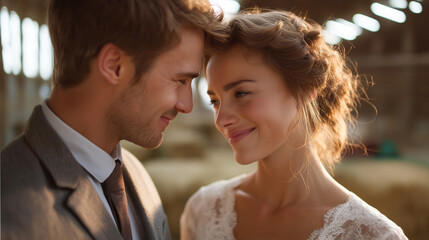 Bride gazing lovingly at groom, rustic barn wedding bliss matrimonial celebration, visualization romantic ceremony, couple love concept, with copy space